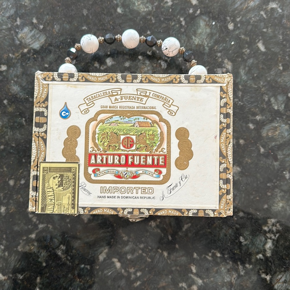 Authentic Arturo Fuente  empty cigar box with added beaded handle.Pinterest item